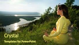  Presentation with peaceful - Audience pleasing presentation theme consisting of young beautiful woman meditate on mountain with peaceful view backdrop and a tawny brown colored foreground