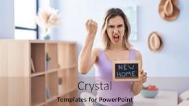  Presentation with new home - Presentation consisting of young-beautiful-woman-moving background and a coral colored foreground