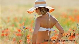  Presentation with golden woman - Amazing PPT theme having young beautiful woman on golden wheat field in summer sunny day backdrop and a coral colored foreground