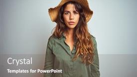  Presentation with simple green - Slide deck with young beautiful woman on vacation wearing green shirt and hat over white isolated background with serious expression on face simple and natural looking at the camera background and a tawny brown colored foreground