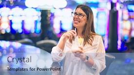  Presentation with slot machine - Cool new PPT theme with young-beautiful-woman-on-vacation backdrop and a light blue colored foreground