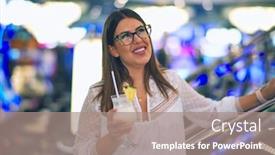  Presentation with slot machine - Cool new PPT theme with young-beautiful-woman-on-vacation backdrop and a coral colored foreground