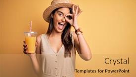  Presentation with healthy juice - Amazing presentation design having young-beautiful-woman-on-vacation backdrop and a coral colored foreground