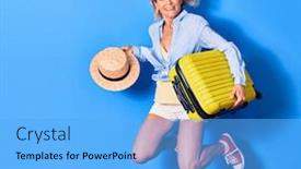  Presentation with cabin - Colorful slide set enhanced with young-beautiful-woman-on-vacation backdrop and a light blue colored foreground