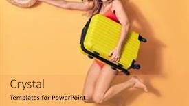  Presentation with cabin - Audience pleasing presentation design consisting of young-beautiful-woman-on-vacation backdrop and a yellow colored foreground