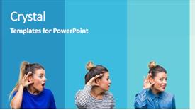  Presentation with listening woman - Audience pleasing slide deck consisting of young beautiful woman over blue backdrop and a teal colored foreground