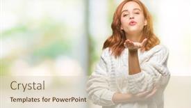  Presentation with kiss - Amazing theme having young beautiful woman over isolated background wearing winter sweater looking at the camera blowing a kiss with hand on air being lovely and sexy love expression backdrop and a lemonade colored foreground