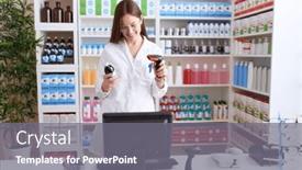  Presentation with medication - PPT layouts consisting of young-beautiful-woman-pharmacist-scanning background and a gray colored foreground