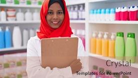  Presentation with pharmacy - Presentation with young-beautiful-woman-pharmacist-smiling background and a coral colored foreground