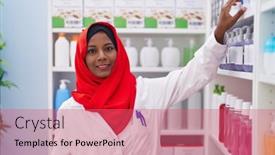  Presentation with medication - Slide set with young-beautiful-woman-pharmacist-smiling background and a coral colored foreground