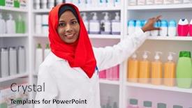  Presentation with medication - PPT theme having young-beautiful-woman-pharmacist-smiling background and a light gray colored foreground