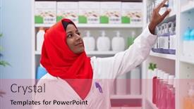  Presentation with medication - Slides consisting of young-beautiful-woman-pharmacist-smiling background and a coral colored foreground