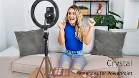  Presentation with recording - PPT layouts enhanced with young-beautiful-woman-recording-make background and a coral colored foreground