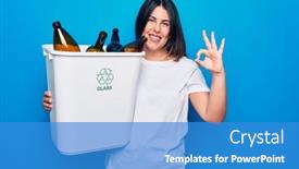  Presentation with recycling - Audience pleasing presentation consisting of young-beautiful-woman-recycling-glass backdrop and a teal colored foreground