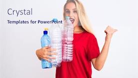  Presentation with plastic recycling - Presentation enhanced with young beautiful woman recycling plastic bottles standing over isolated white background pointing and showing with thumb up to the side with happy face smiling background and a sky blue colored foreground