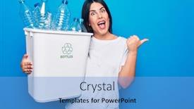  Presentation with plastic recycling - Presentation design consisting of young-beautiful-woman-recycling-plastic background and a teal colored foreground
