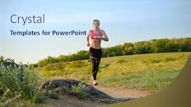  Presentation with active lifestyle - Theme having young beautiful woman running on the mountain trail in the hot summer evening sport and active lifestyle concept background and a sky blue colored foreground