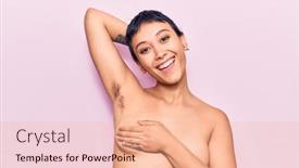  Presentation with pink - Slides having young-beautiful-woman-shirtless-smiling background and a coral colored foreground