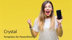  Presentation with emotion - Colorful presentation theme enhanced with young beautiful woman showing blank backdrop and a yellow colored foreground