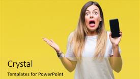  Presentation with blank - Slide set featuring young beautiful woman showing blank background and a yellow colored foreground