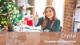 Presentation with christmas food - Theme consisting of young-beautiful-woman-sitting-eating background and a coral colored foreground