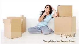  Presentation with box - Amazing PPT theme having young beautiful woman sitting leaning backdrop and a  colored foreground