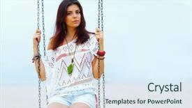  Presentation with swing - Cool new slide set with young beautiful woman sitting on a swing on the beach backdrop and a sky blue colored foreground