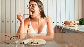  Presentation with pasta restaurant - Beautiful presentation theme featuring young beautiful woman sitting at restaurant enjoying summer vacation eating pasta backdrop and a coral colored foreground
