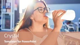  Presentation with summer drinking water - Amazing slide set having young beautiful woman sitting at restaurant enjoying summer vacation drinking a bottle of water backdrop and a coral colored foreground