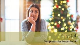  Presentation with decoration - Slide set with young beautiful woman sitting at the table at home around christmas tree and decoration looking stressed and nervous with hands on mouth biting nails anxiety problem background and a yellow colored foreground