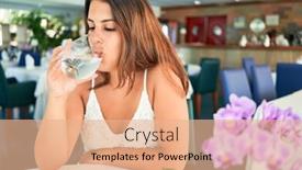  Presentation with summer drinking water - Presentation theme with young beautiful woman sitting at restaurant enjoying summer vacation drinking glass of water background and a coral colored foreground