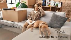  Presentation with new home - Presentation enhanced with young-beautiful-woman-sitting background and a coral colored foreground