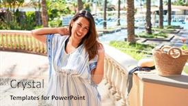  Presentation with hotel resort - Colorful presentation theme enhanced with young beautiful woman smiling happy enjoying sunny day of summer at hotel resort on holidays backdrop and a lemonade colored foreground