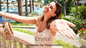  Presentation with freedom - Cool new PPT theme with young beautiful woman smiling happy and positive with open arms sunbathing and feeling freedom around vacation spot backdrop and a coral colored foreground