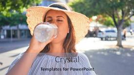  Presentation with summer drinking water - Presentation theme featuring young beautiful woman smiling happy walking on city streets drinking a fresh bottle of water on a sunny day of summer background and a light blue colored foreground