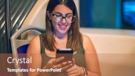  Presentation with bus - Audience pleasing PPT theme consisting of young-beautiful-woman-smiling-happy backdrop and a red colored foreground