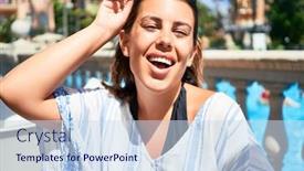  Presentation with hotel resort - Theme enhanced with young-beautiful-woman-smiling-happy background and a sky blue colored foreground