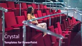  Presentation with theatre - Theme with young-beautiful-woman-smiling-happy background and a tawny brown colored foreground