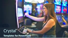  Presentation with slot machine - Colorful slide deck enhanced with young-beautiful-woman-smiling-happy backdrop and a tawny brown colored foreground