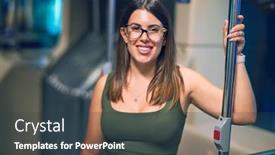  Presentation with bus - Amazing PPT theme having young-beautiful-woman-smiling-happy backdrop and a tawny brown colored foreground