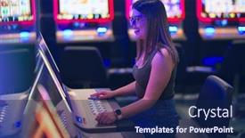  Presentation with slot machine - Audience pleasing PPT theme consisting of young-beautiful-woman-smiling-happy backdrop and a navy blue colored foreground