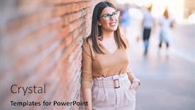  Presentation with wall street - Audience pleasing PPT theme consisting of young-beautiful-woman-smiling-happy backdrop and a mint green colored foreground