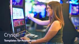  Presentation with slot machine - Presentation design consisting of young-beautiful-woman-smiling-happy background and a tawny brown colored foreground