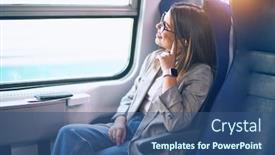  Presentation with train - PPT layouts consisting of young-beautiful-woman-smiling-happy background and a ocean colored foreground