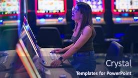  Presentation with slot machine - PPT theme featuring young-beautiful-woman-smiling-happy background and a navy blue colored foreground