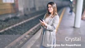  Presentation with station - Slide deck featuring young-beautiful-woman-smiling-happy background and a gray colored foreground