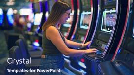  Presentation with slot machine - Theme enhanced with young-beautiful-woman-smiling-happy background and a ocean colored foreground