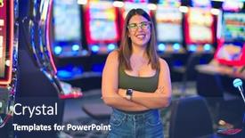  Presentation with slot machine - Amazing PPT layouts having young-beautiful-woman-smiling-happy backdrop and a ocean colored foreground
