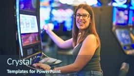 Presentation with slot machine - Colorful presentation enhanced with young-beautiful-woman-smiling-happy backdrop and a tawny brown colored foreground