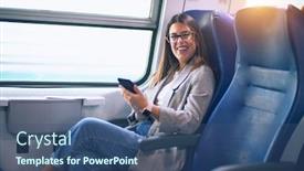  Presentation with train - Presentation theme consisting of young-beautiful-woman-smiling-happy background and a ocean colored foreground